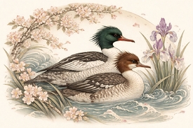 Gänsesäger-Paar zwischen Kirschblüten und Iris KI/12941841