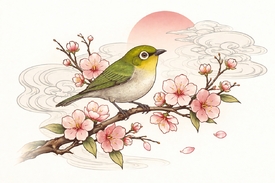 Japanbrillenvogel auf blühendem Kirschzweig KI/12941845