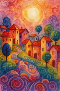 Bild-Nr: 12898567 Fantasiedorf im Farbenrausch KI Erstellt von: gabii40