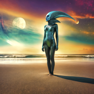 Bild-Nr: 12813690 Alien Mädchen am Strand KI Erstellt von: XYRIUS