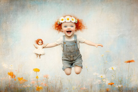 Bild-Nr: 12843823 Hüpfendes Wiesenmädchen mit Puppe Erstellt von: Heike  Hultsch