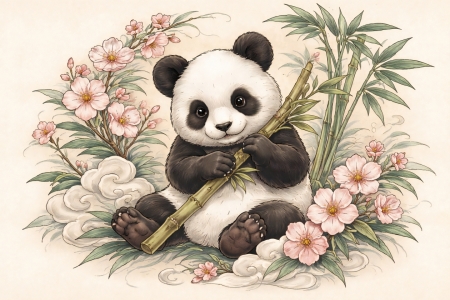 Bild-Nr: 12940504 Sanfter Panda unter Blüten KI Erstellt von: gabii40